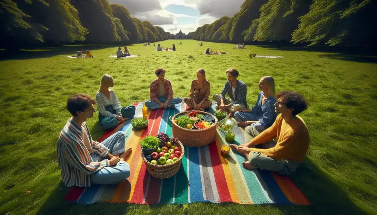Grupo de cinco personas disfrutando de un picnic en el parque, sentados en una manta a rayas con una cesta de frutas y ensaladas, bajo un cielo azul.