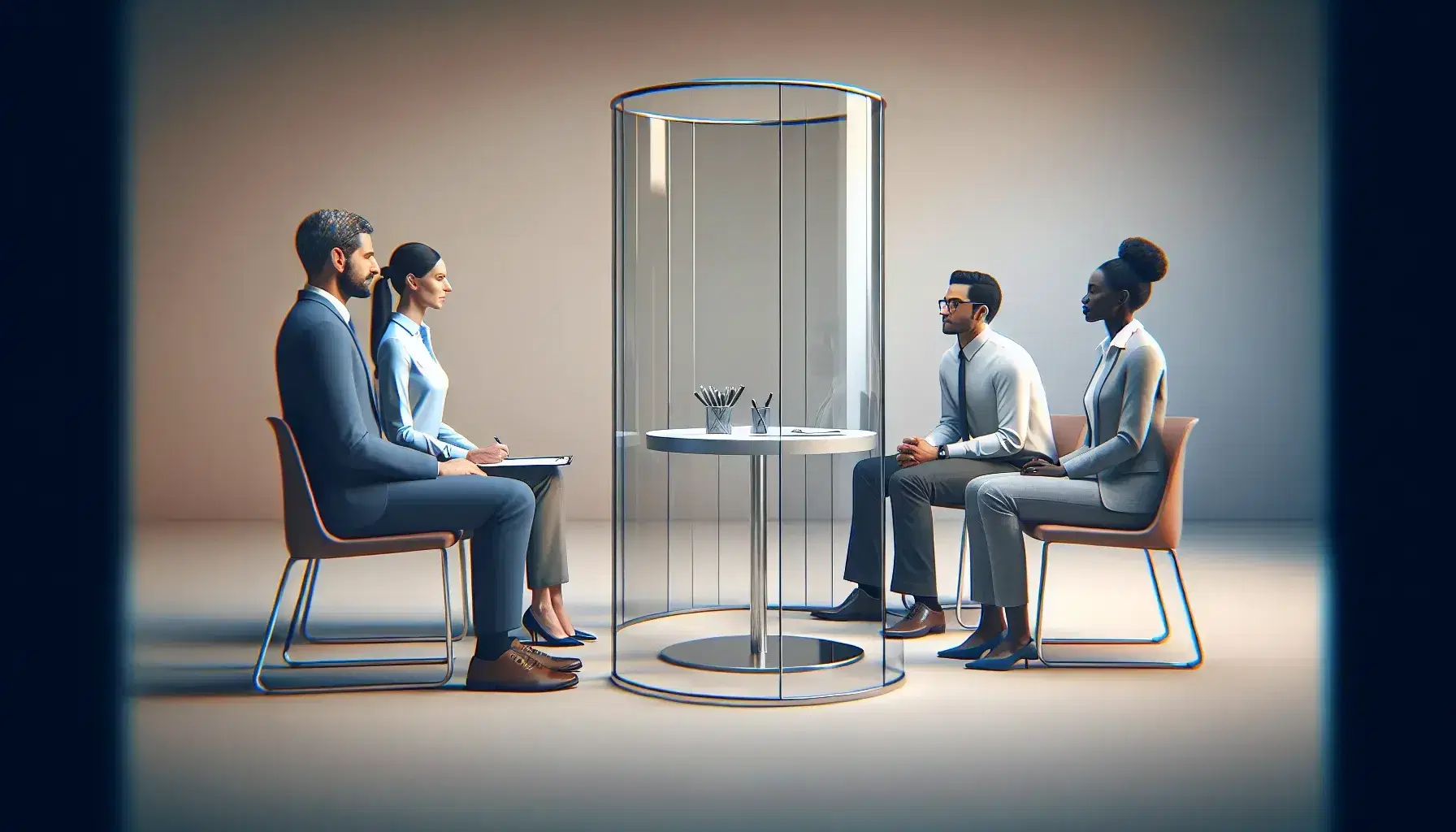 Diverse professional team in a meeting with a South Asian man leading the discussion behind a glass panel, with documents and pens on a central table.