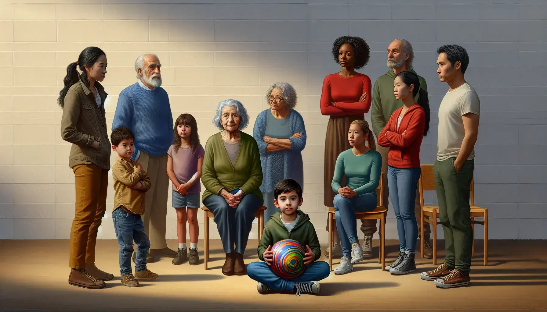 Intergenerational group in circle with Middle Eastern child, elderly Caucasian woman sitting, Hispanic man and Asian teenage girl on brick wall background.