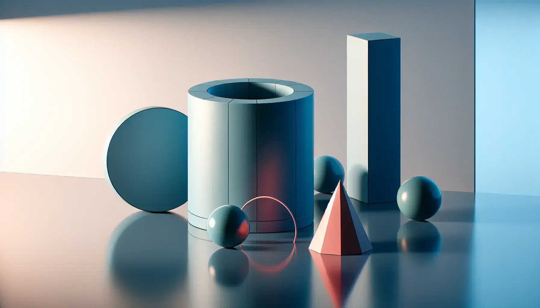 Three-dimensional geometric shapes on reflective surface, featuring a blue cylinder, red to pink gradient cone, vibrant green sphere, and a green hemisphere.