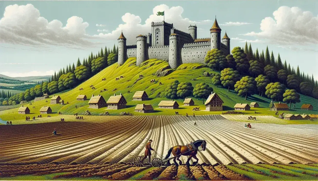 Castillo medieval de piedra en colina verde con torres altas y bandera ondeante, casas rurales con techos de paja y campesino arando campo con caballo bajo cielo azul con nubes.