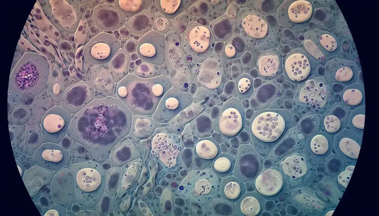 Vista microscópica de tejido celular con células redondeadas, núcleos oscuros y membranas definidas, teñidas en tonos azules y morados.