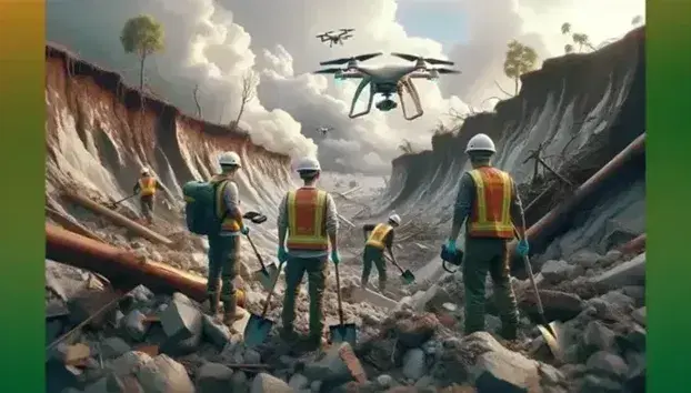 Equipo de rescate con cascos y chalecos reflectantes trabajando en terreno afectado por desastre natural, operando dron y herramientas.