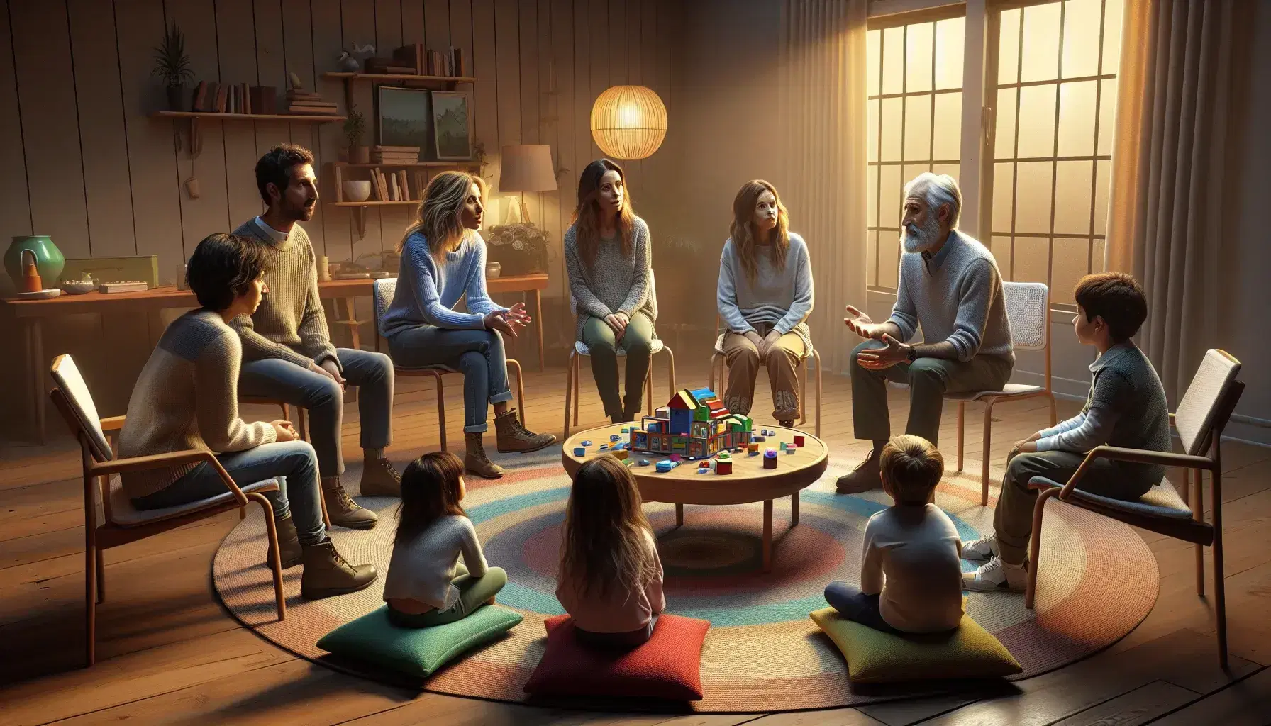Grupo familiar interactuando en sala de estar con juego de construcción sobre mesa redonda, iluminados por luz natural.