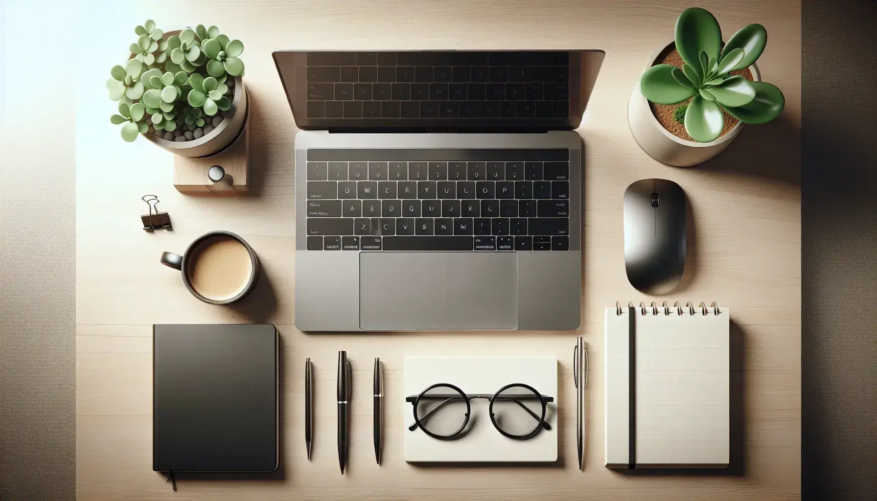 Organized desk with open laptop, black mouse, glasses, green plant, notepad with pen, coffee cup and colorful books.