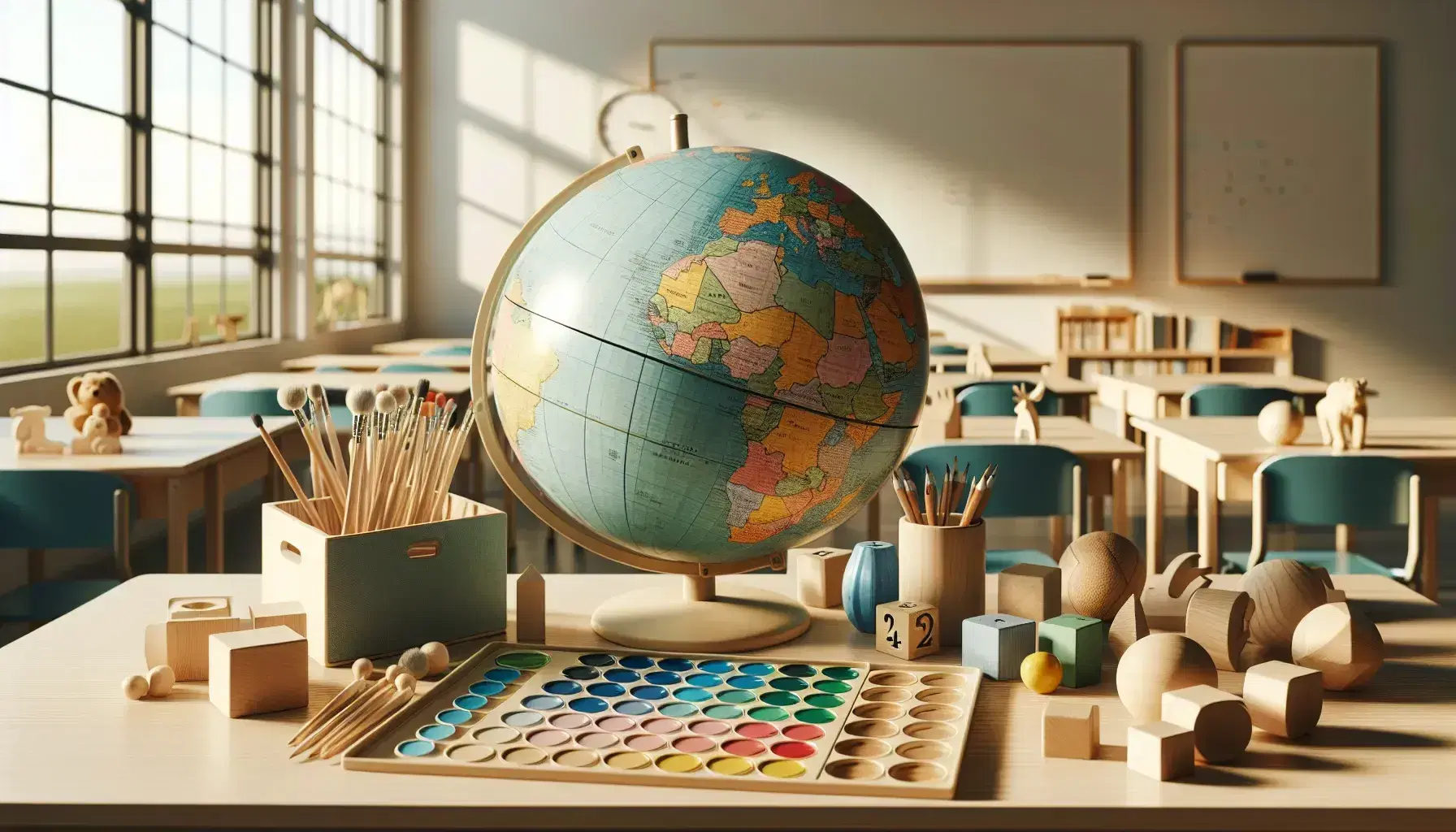 Mesa de madera clara con materiales didácticos en aula iluminada, incluyendo un globo terráqueo, bloques geométricos de madera y una paleta de colores, junto a figuras de animales y pizarra al fondo.