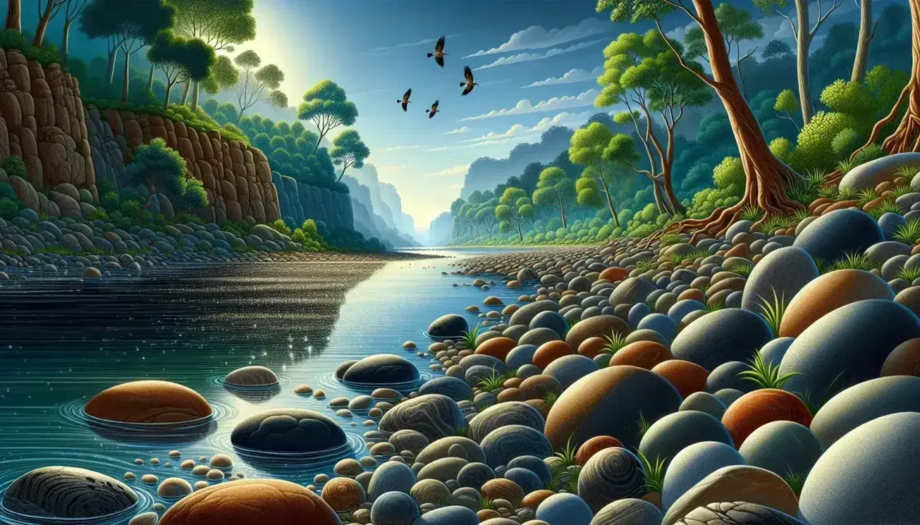 Río serpenteante con piedras redondeadas y vegetación densa en un valle, bajo un cielo azul con aves volando.