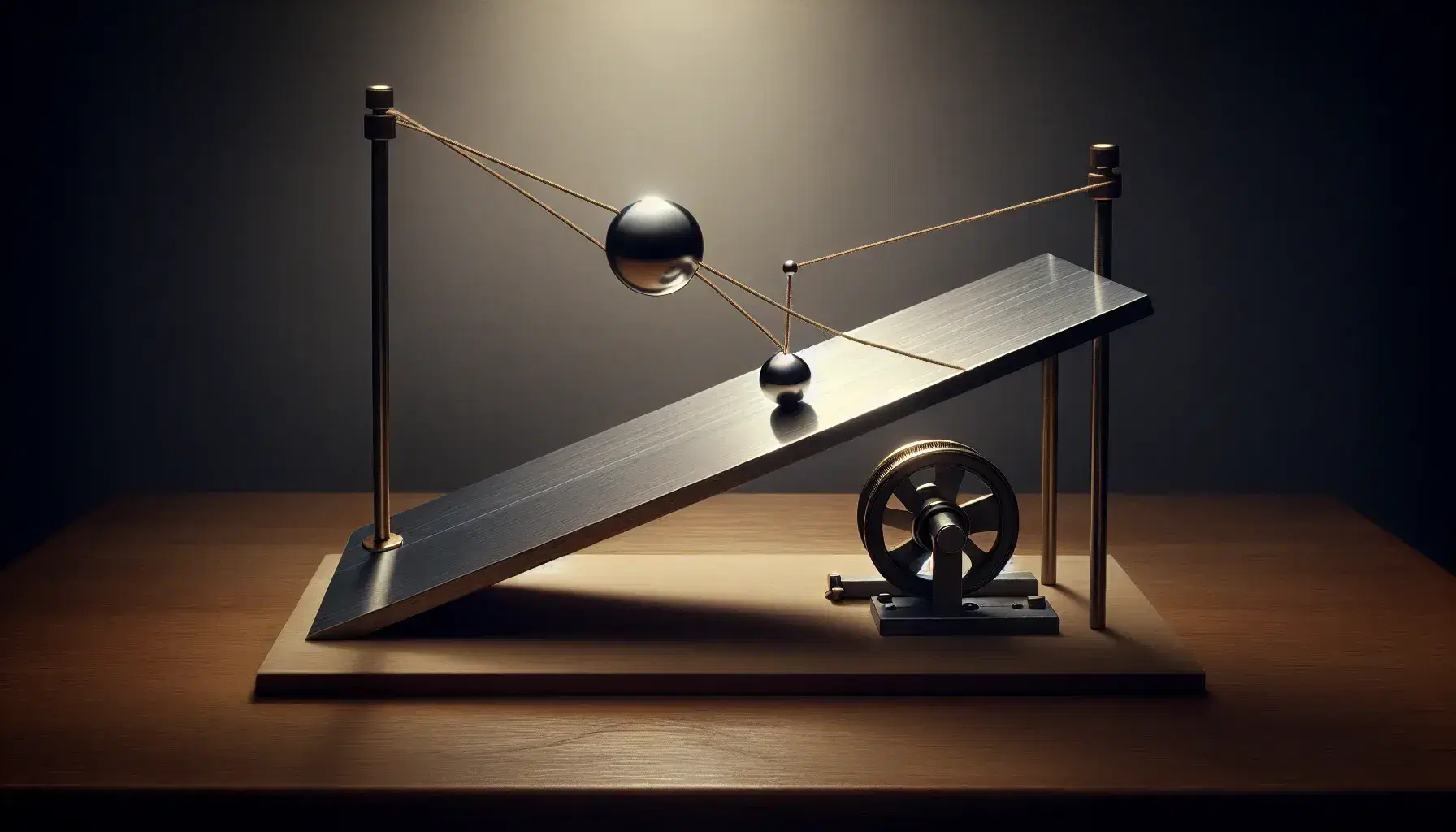 Physics experiment setup with an inclined metal plane, a steel ball bearing on top, a string over a pulley, and a matte black counterweight.