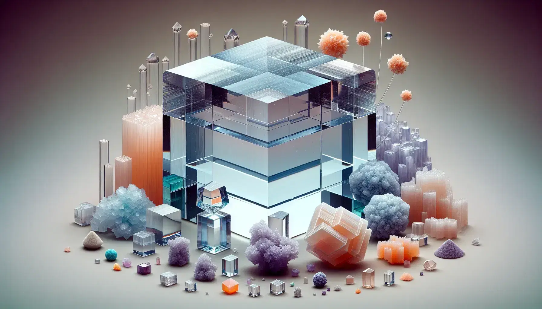 Magnified colored salt crystals: transparent cube of sodium chloride, purple hexagons of potassium permanganate, orange rhombuses of strontium carbonate.