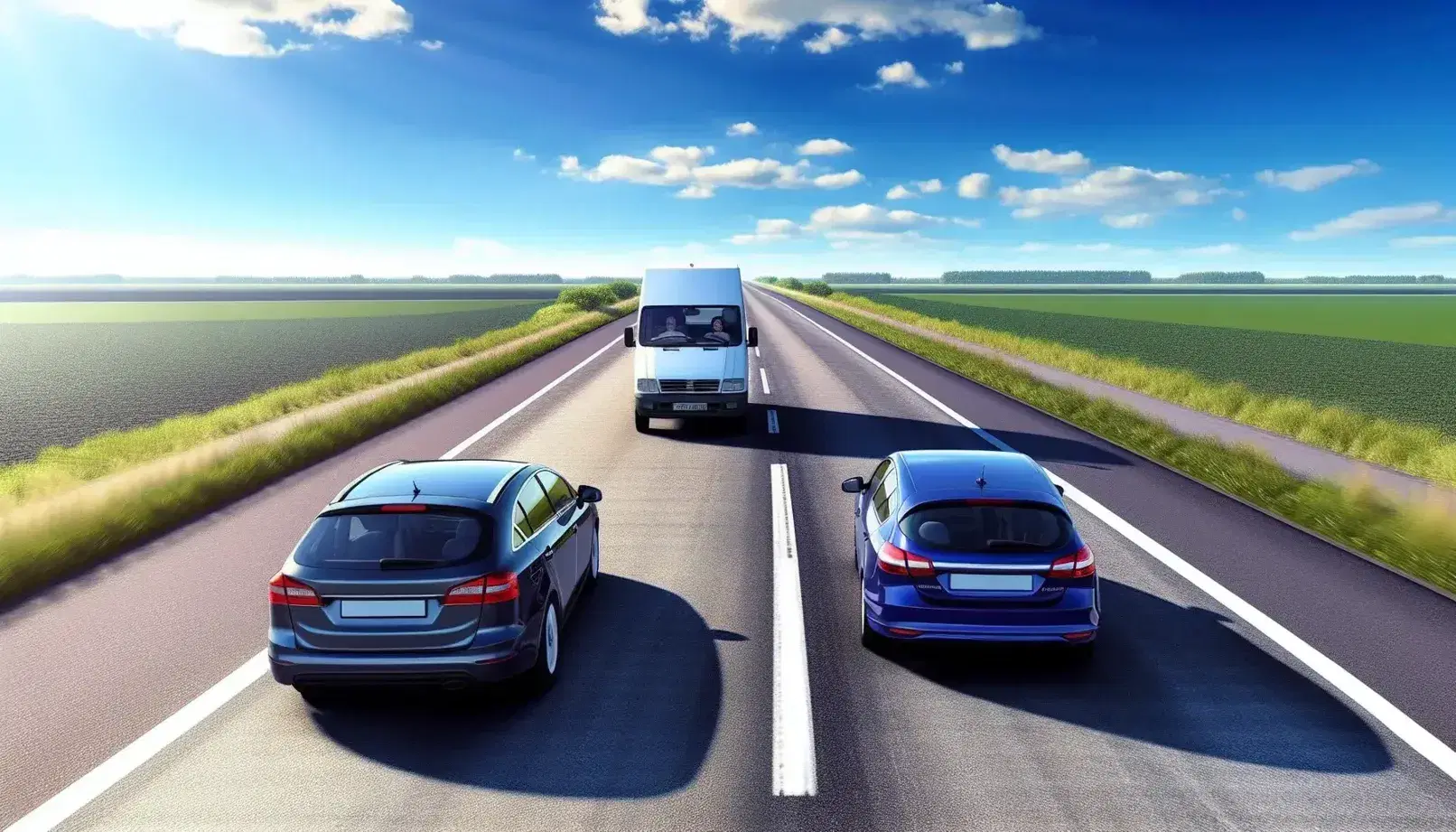Auto blu sorpassa furgone bianco su strada di campagna con cielo azzurro e nuvole sparse, in giornata soleggiata.