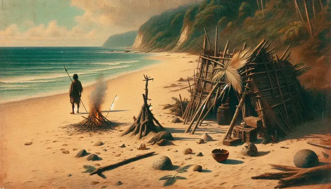 Deserted beach scene with a makeshift palm frond shelter, smoldering fire, and a lone figure gazing at a colorful sunrise or sunset over the sea.