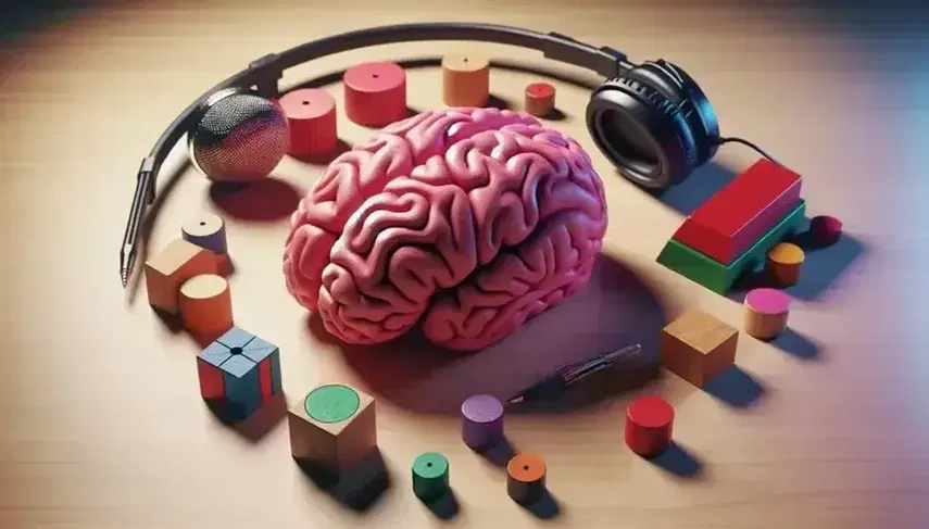 Cerebro humano en tonos rosados sobre mesa de madera clara rodeado de auriculares negros, micrófono condensador y bloques geométricos de colores.