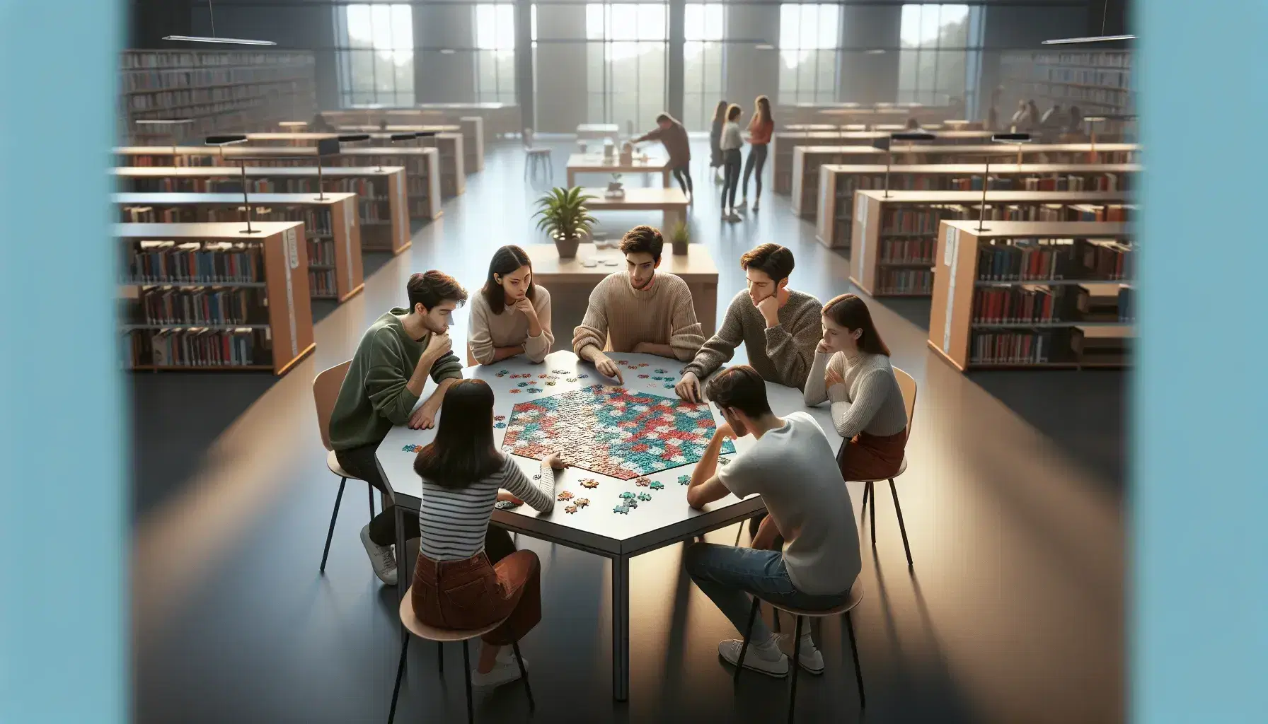 Studenti collaborano su puzzle colorato in biblioteca, con scaffali di libri e luce naturale.