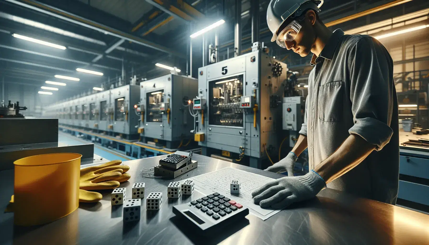 Trabajador con casco y gafas de seguridad junto a mesa industrial con guantes amarillos, calculadora y dados, en un entorno con maquinaria gris.