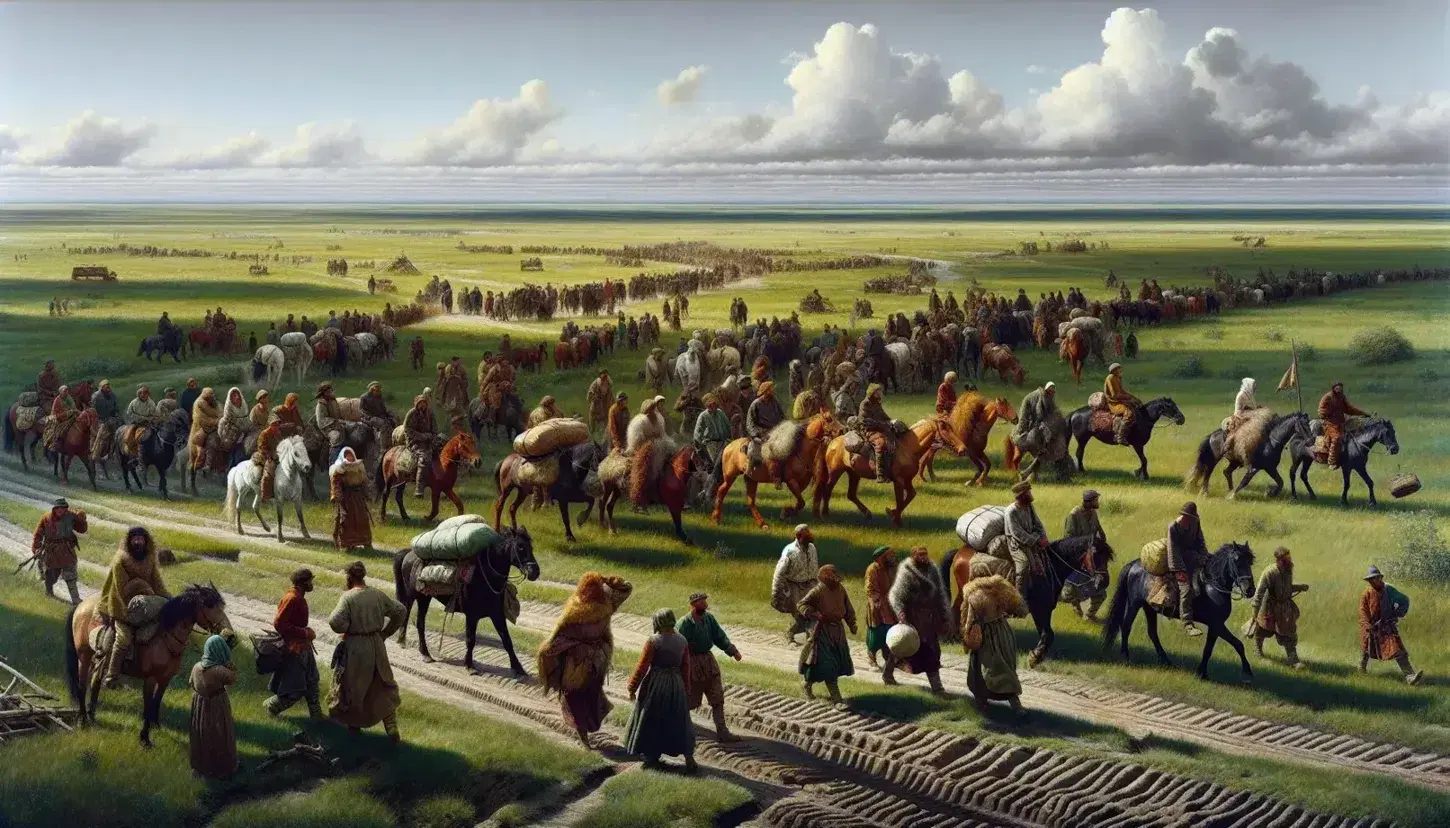 Gruppo di persone in abiti storici e cavalli in marcia su una pianura, con cielo nuvoloso e terreno arato in primo piano.