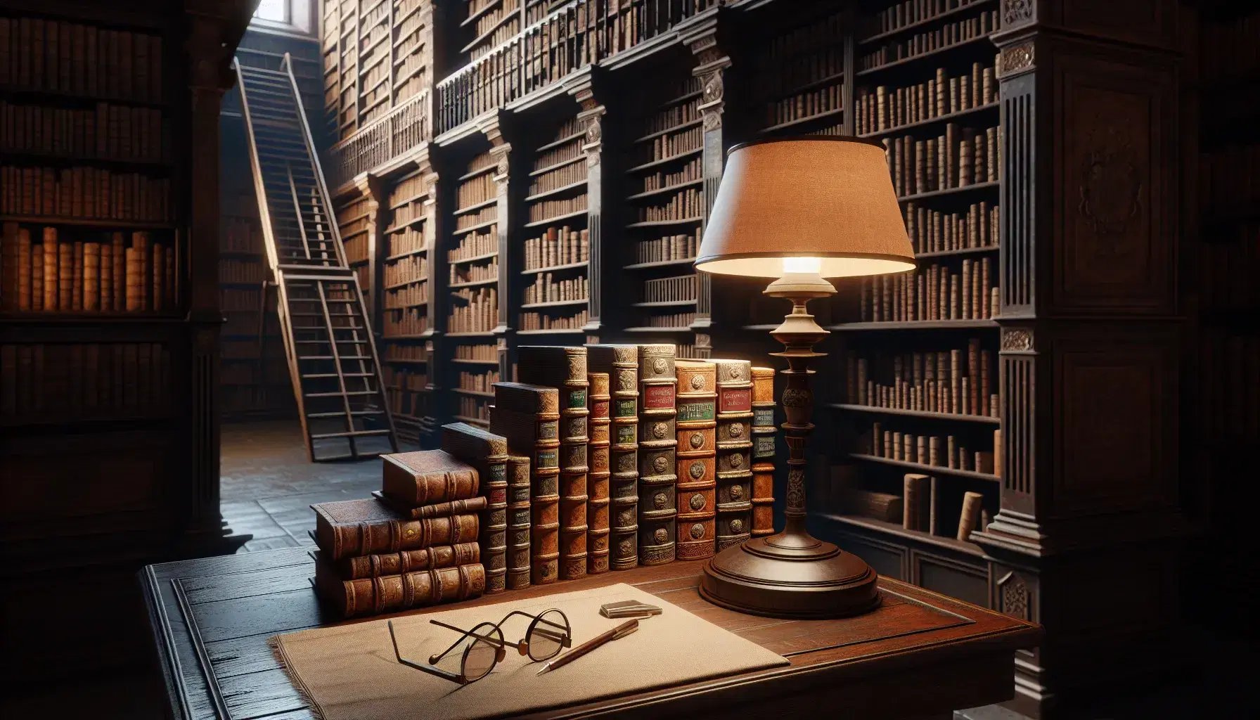 Biblioteca antigua con estantes de madera oscura llenos de libros variados, mesa con lámpara y gafas, y escalera de madera al fondo.