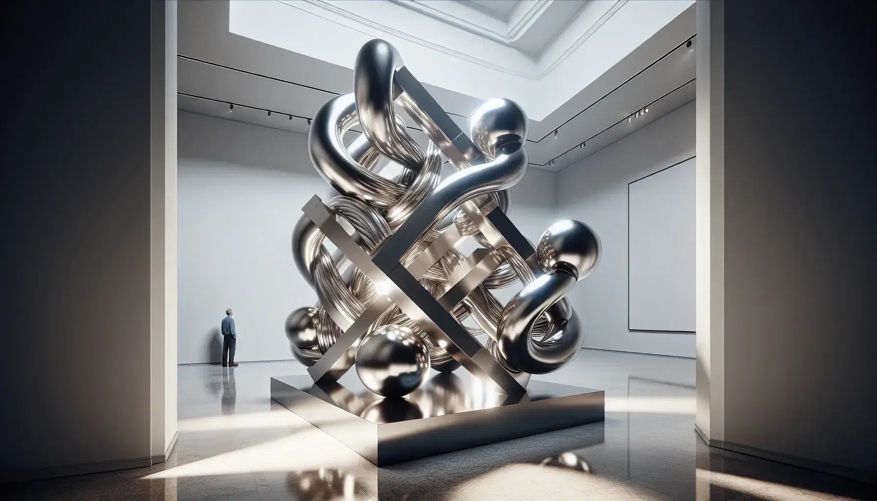 Escultura abstracta de metal pulido con formas geométricas entrelazadas en una galería iluminada, con un visitante observando a la distancia.