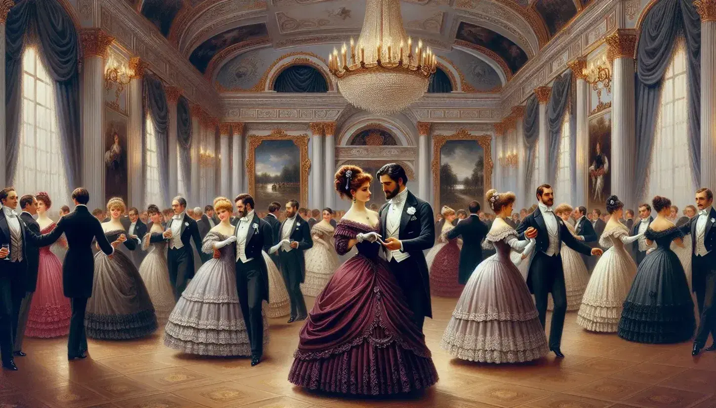 Elegant 19th-century Russian ballroom scene with couples dancing, featuring a man in a tailcoat and a woman in a lace burgundy gown under a crystal chandelier.