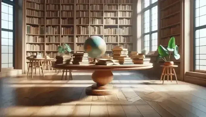 Biblioteca luminosa con mesa de madera y libros abiertos, globo terráqueo sin marcas y estanterías llenas de libros variados, planta y luz natural.