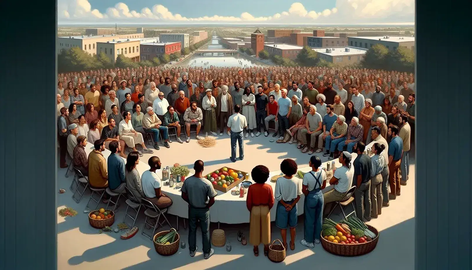 Grupo diverso de personas en reunión comunitaria al aire libre con mesa de frutas y verduras en primer plano y edificios bajos en el fondo.