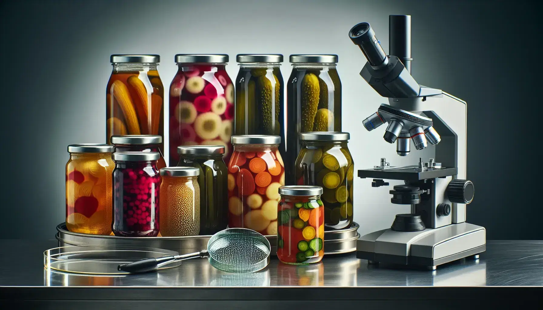 Laboratory scene with colorful preserved food jars, a digital microscope examining bacteria, a flask on a stirrer, and a technician pipetting samples.