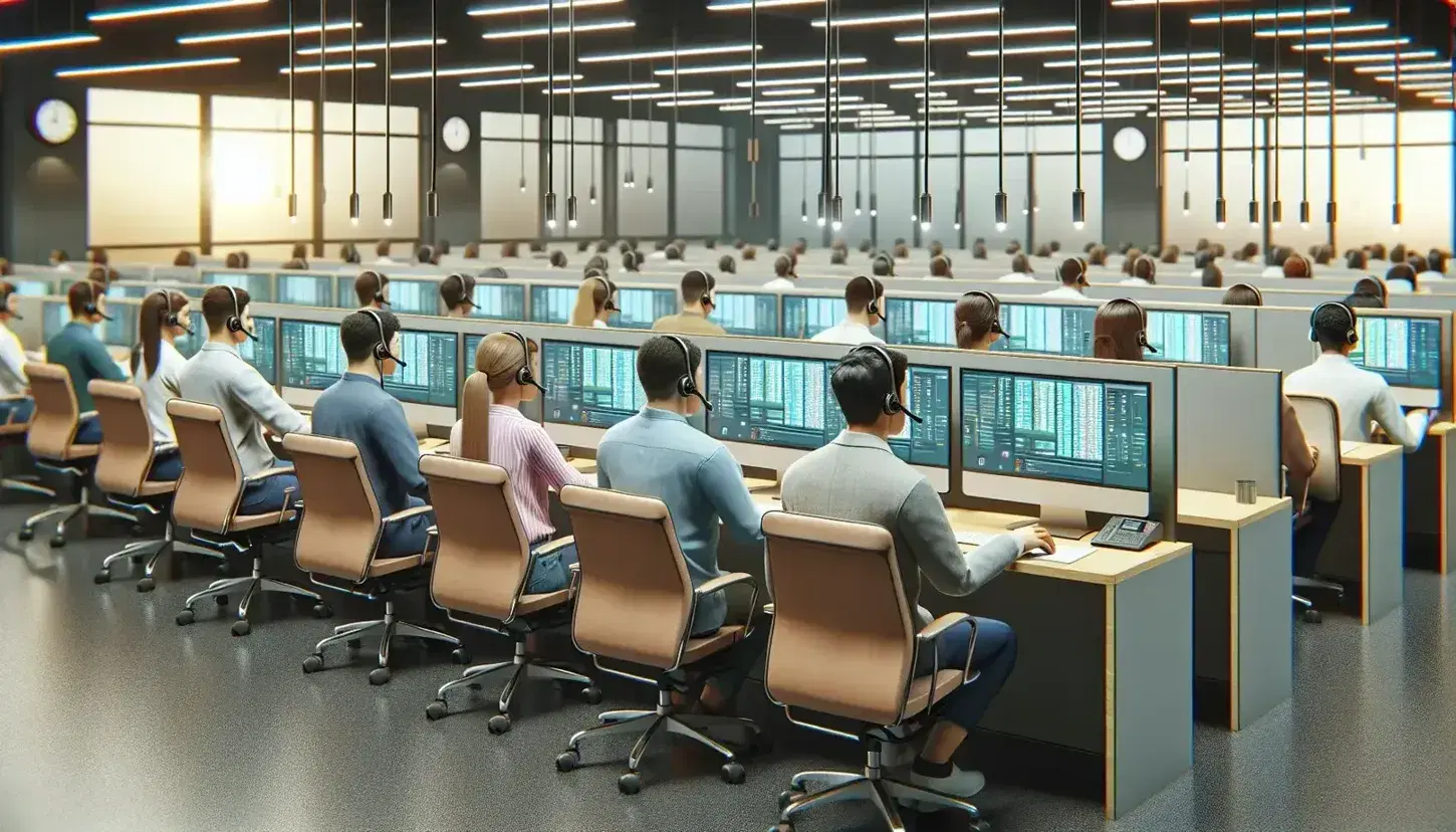 Close-up of a call center environment with diverse operators sitting on ergonomic chairs, headphones and monitors, natural and artificial lighting.