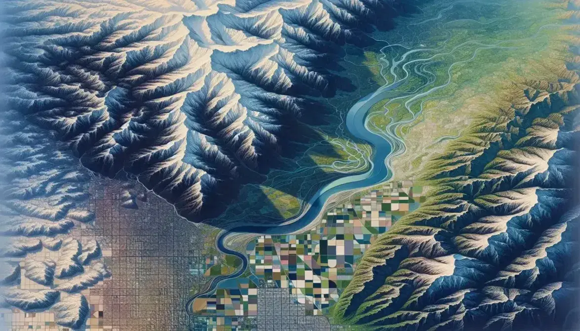Vista aérea de paisaje diverso con montañas nevadas, valle fértil, río serpenteante, ciudad en cuadrícula y costa en desembocadura.