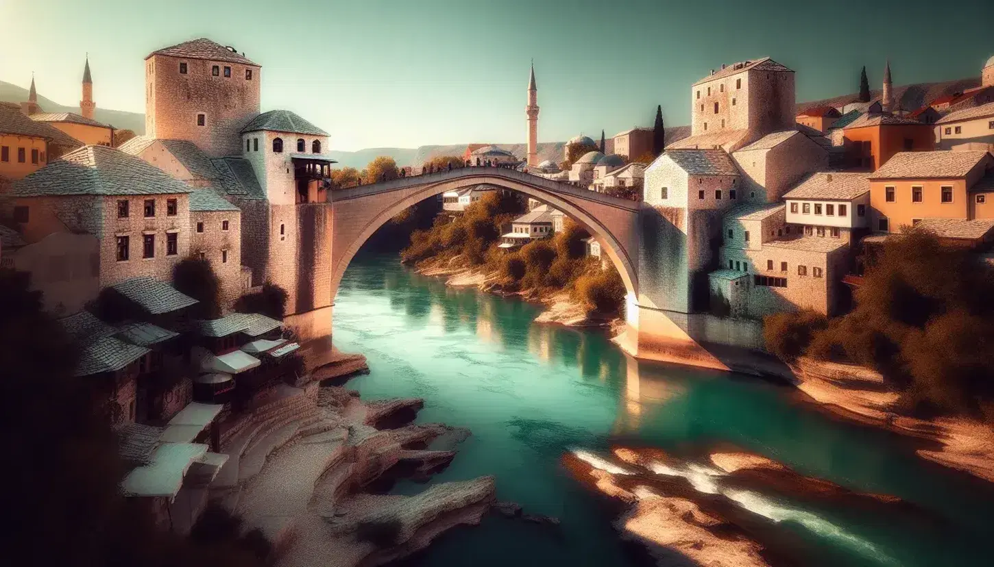 Panoramic view of the historic Mostar Bridge arching over the Neretva River with surrounding Ottoman-style houses and lush greenery under a clear blue sky.