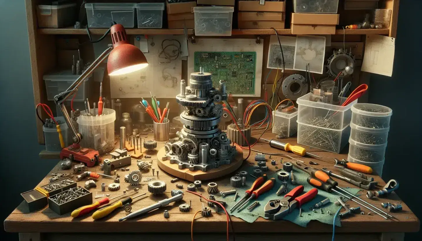 Messy inventor's workshop with workbench, various tools, machinery parts, shelves with electronic components and natural light.