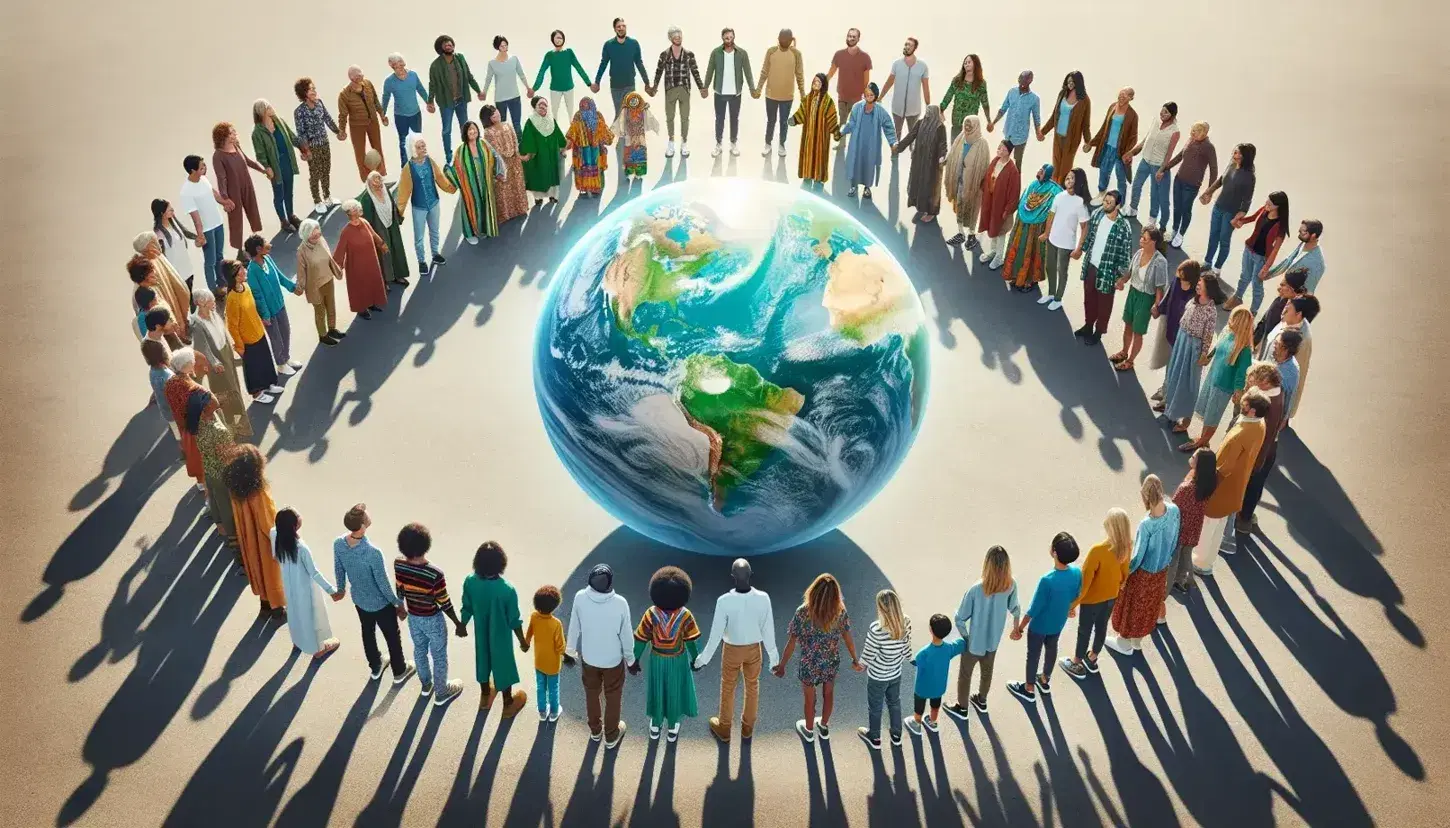 Gruppo multietnico in cerchio tenendosi per mano attorno a un globo terrestre, simboleggiando unità e rispetto per il pianeta.