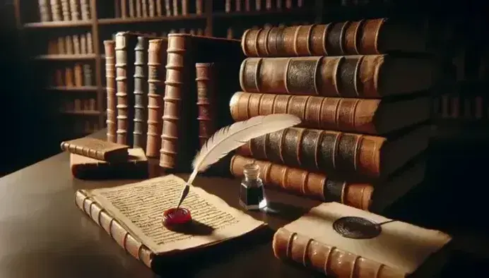 Manoscritti antichi impilati con piuma d'oca e calamaio su sfondo sfocato di libreria in legno, sigillo in cera rosso accanto.