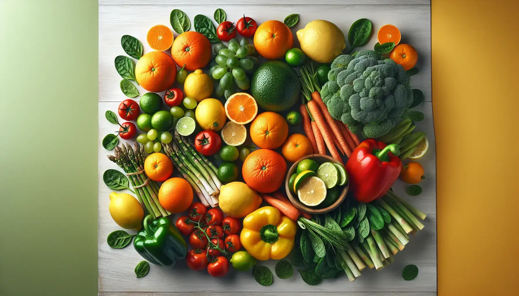 Variedad de frutas y verduras frescas sobre superficie de madera clara, incluyendo cítricos, pimientos, tomates, uvas, espinacas, espárragos y zanahorias.