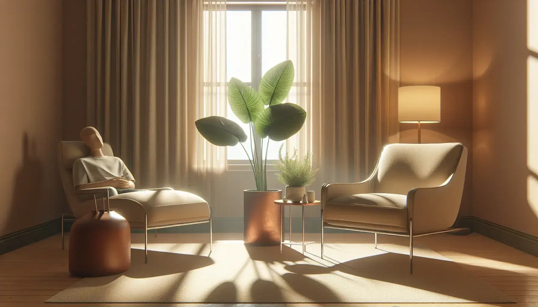 Consultorio de psicoterapia con sillas cómodas frente a frente, planta interior y mesa con grabadora y cuaderno bajo luz natural suave.