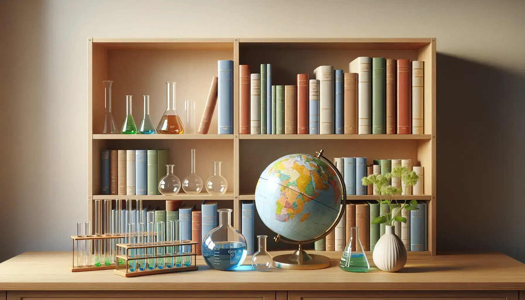 Estantería de madera con libros de colores y objetos de vidrio de laboratorio, junto a un globo terráqueo y una planta con flores amarillas sobre una mesa.