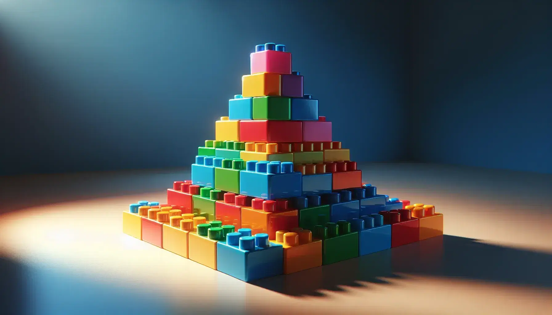Torre de bloques de construcción de plástico coloridos en forma de pirámide, con base de bloques grandes azules, rojos y amarillos y cima de bloques pequeños verdes, naranjas y morados.
