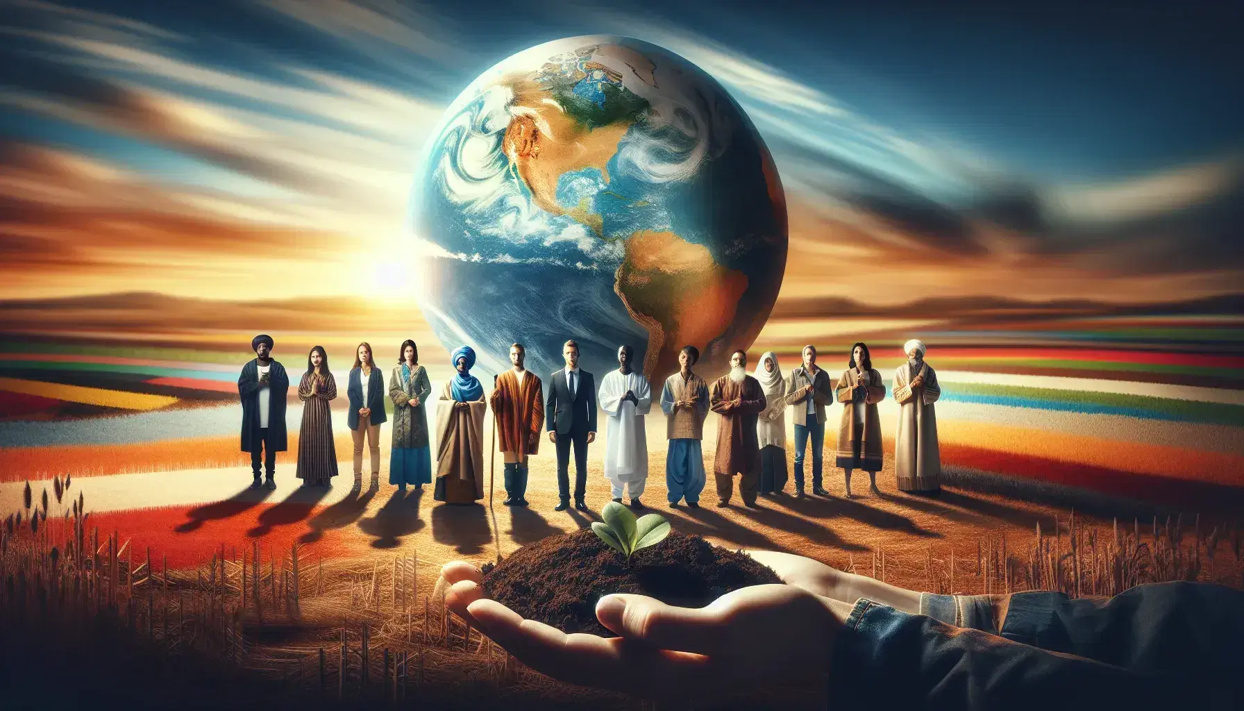 Multi-ethnic group in semi-circle around a globe, with hands holding, against sunset or sunrise sky background.