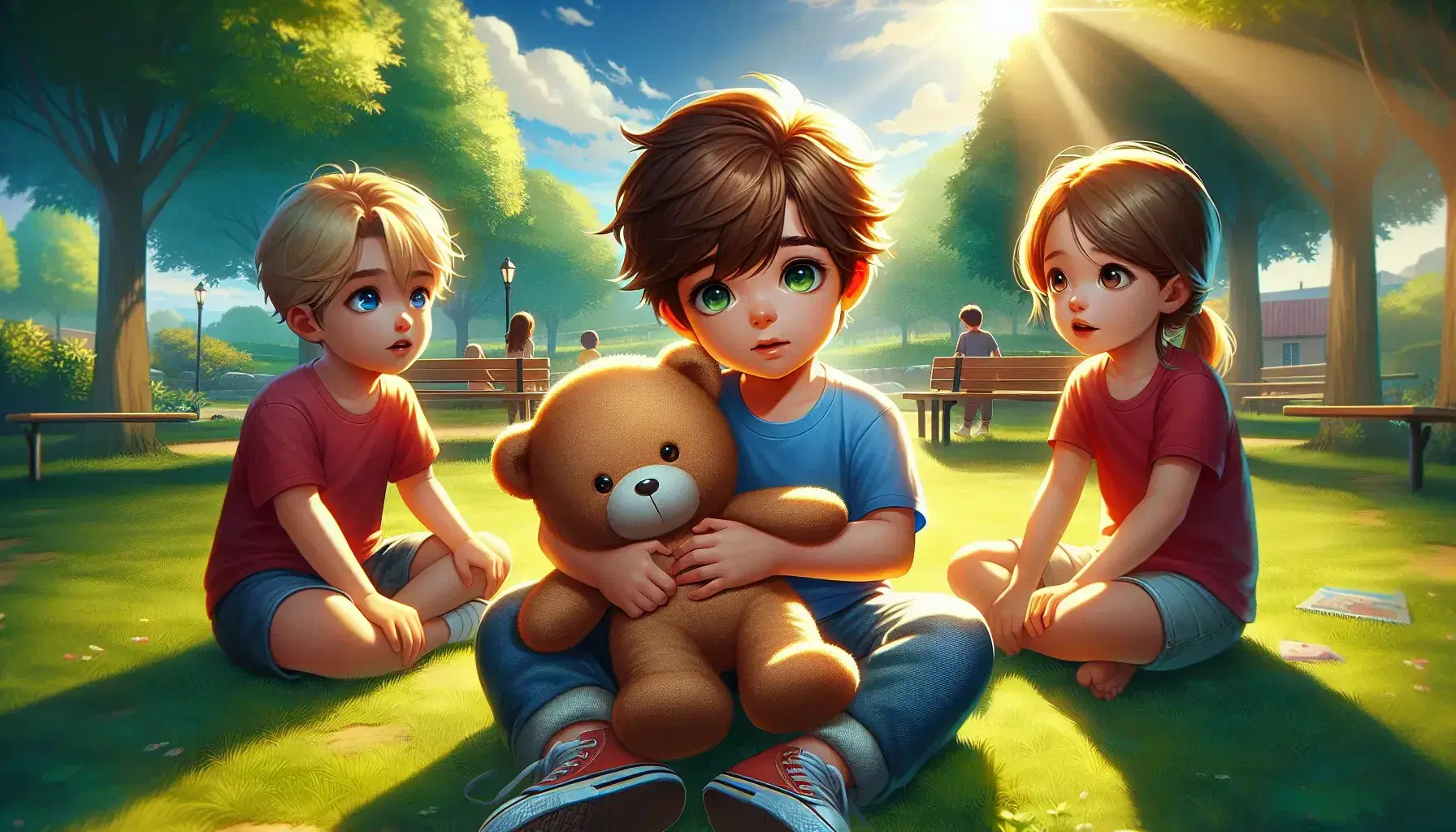 Bambini seduti sull'erba in un parco, uno al centro abbraccia un orsacchiotto mentre due lo guardano con interesse.