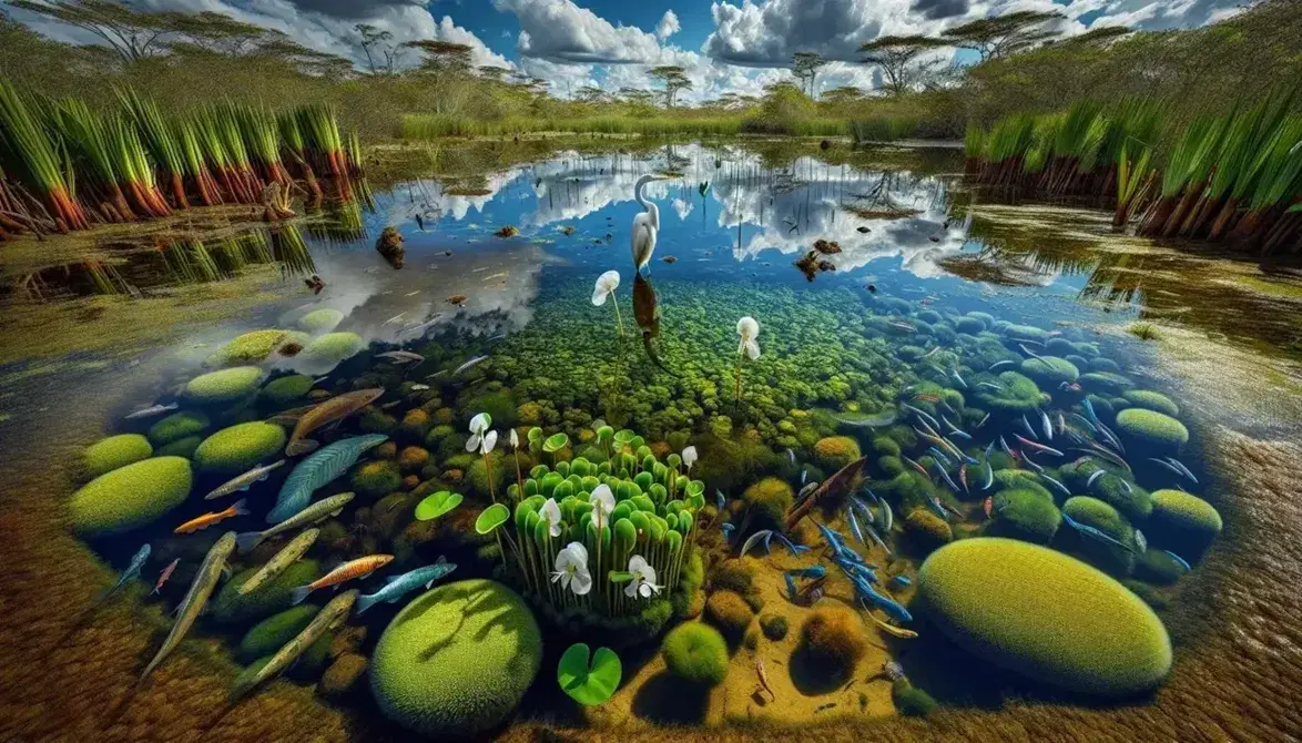 Humedal peruano con agua cristalina, plantas acuáticas verdes, heron blanco, peces de colores y vegetación ribereña bajo cielo azul.