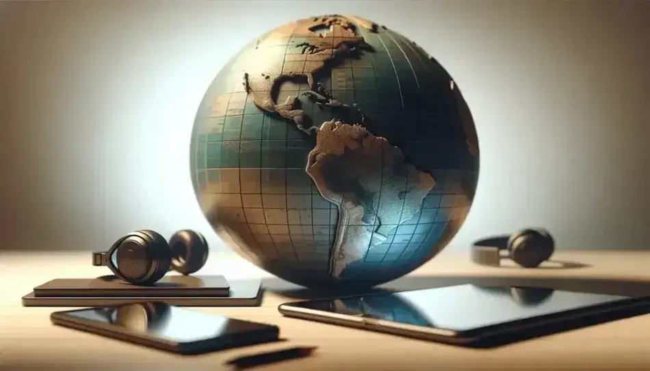 Globo terráqueo tridimensional con continentes en tonos verdes y marrones y océanos azules, rodeado de dispositivos tecnológicos como un smartphone, una tablet y auriculares sobre fondo neutro.