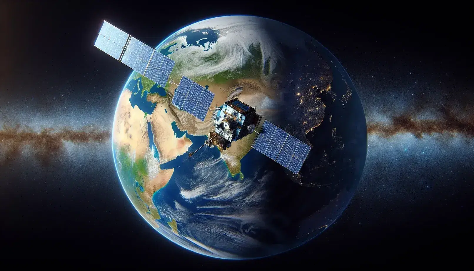 Geostationary satellite with solar panels orbits Earth, vibrant landmasses and oceans visible, against starry space backdrop, no labels.