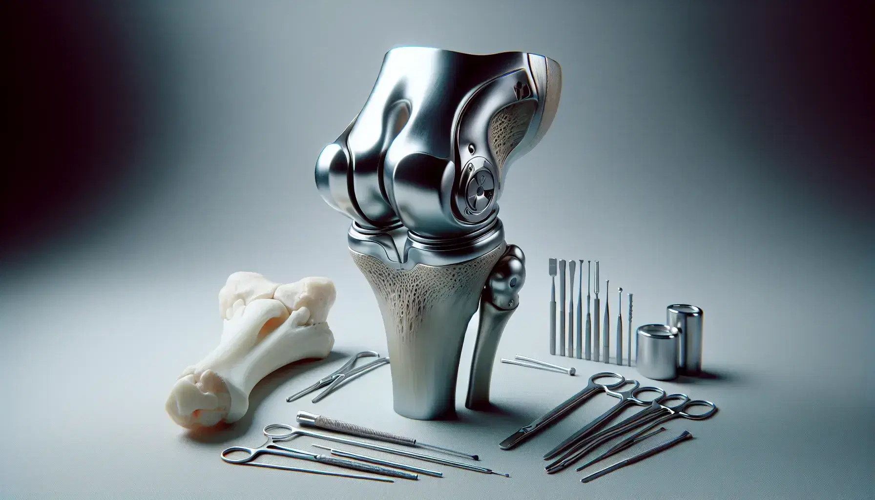 Prótesis de rodilla metálica con secciones articuladas y hueso humano representativo al lado, sobre fondo gris y herramientas quirúrgicas en segundo plano.