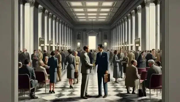 Two professionals engaging in a handshake in a bustling hallway with marble columns, polished floors, and a glimpse of an assembly room with burgundy seats.