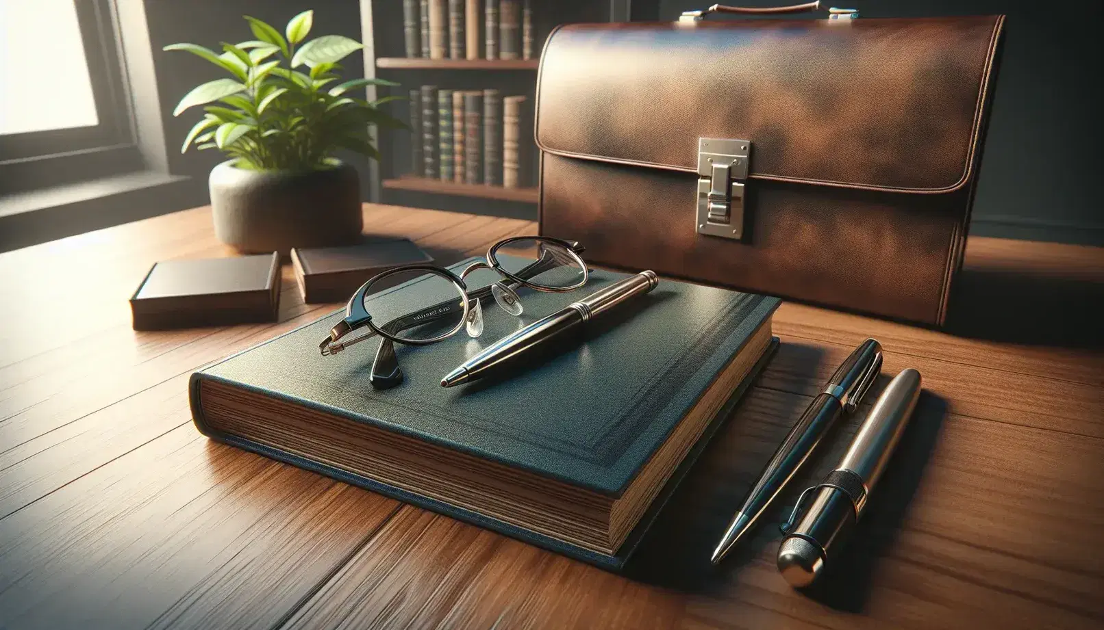 Organized desk with a gradient hardcover book, black round eyeglasses, silver pen, and a leather briefcase, with a hint of a green plant in the background.