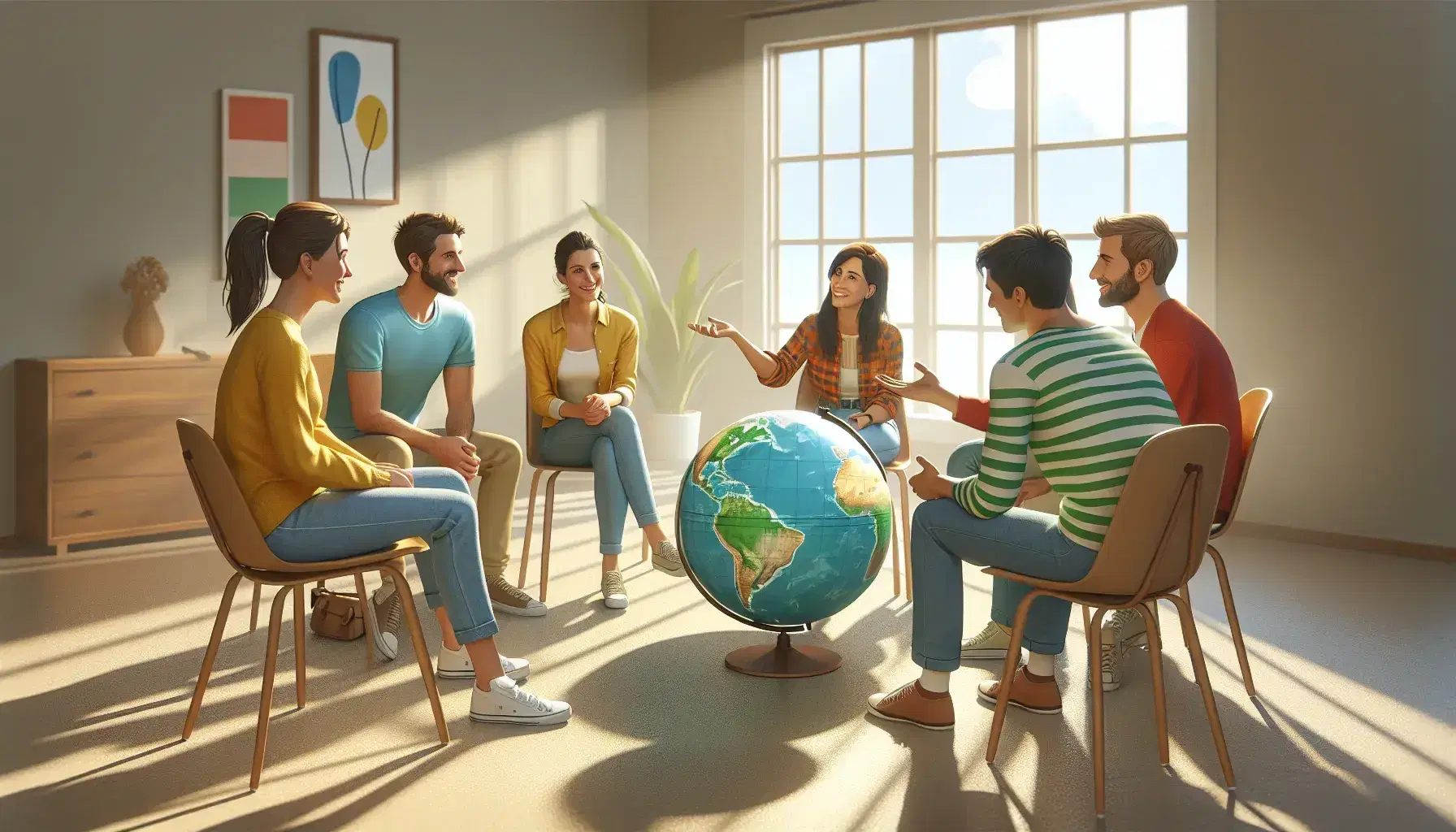 Gruppo di cinque persone in discussione attorno a un globo, con gesti vivaci e espressioni di interesse, in ambiente illuminato naturalmente.