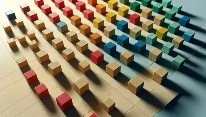 Bloques de madera en colores rojo, azul, verde y amarillo dispuestos en una cuadrícula 5x5 sin colores repetidos en filas o columnas.