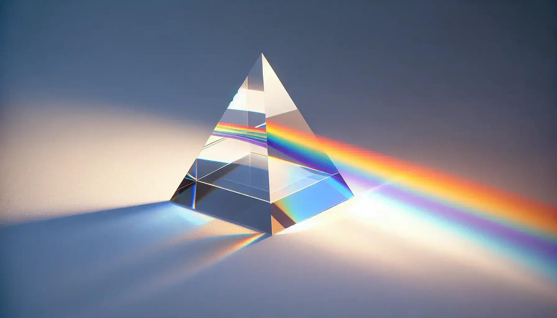 Clear glass prism on white surface refracting light into a vivid color spectrum, showcasing the dispersion from red to violet.