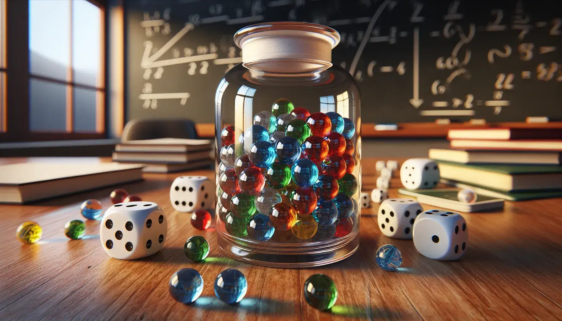 Classroom with students, a jar of colored marbles on a table, scattered dice, and a fanned deck of cards, illustrating discrete probability theory.