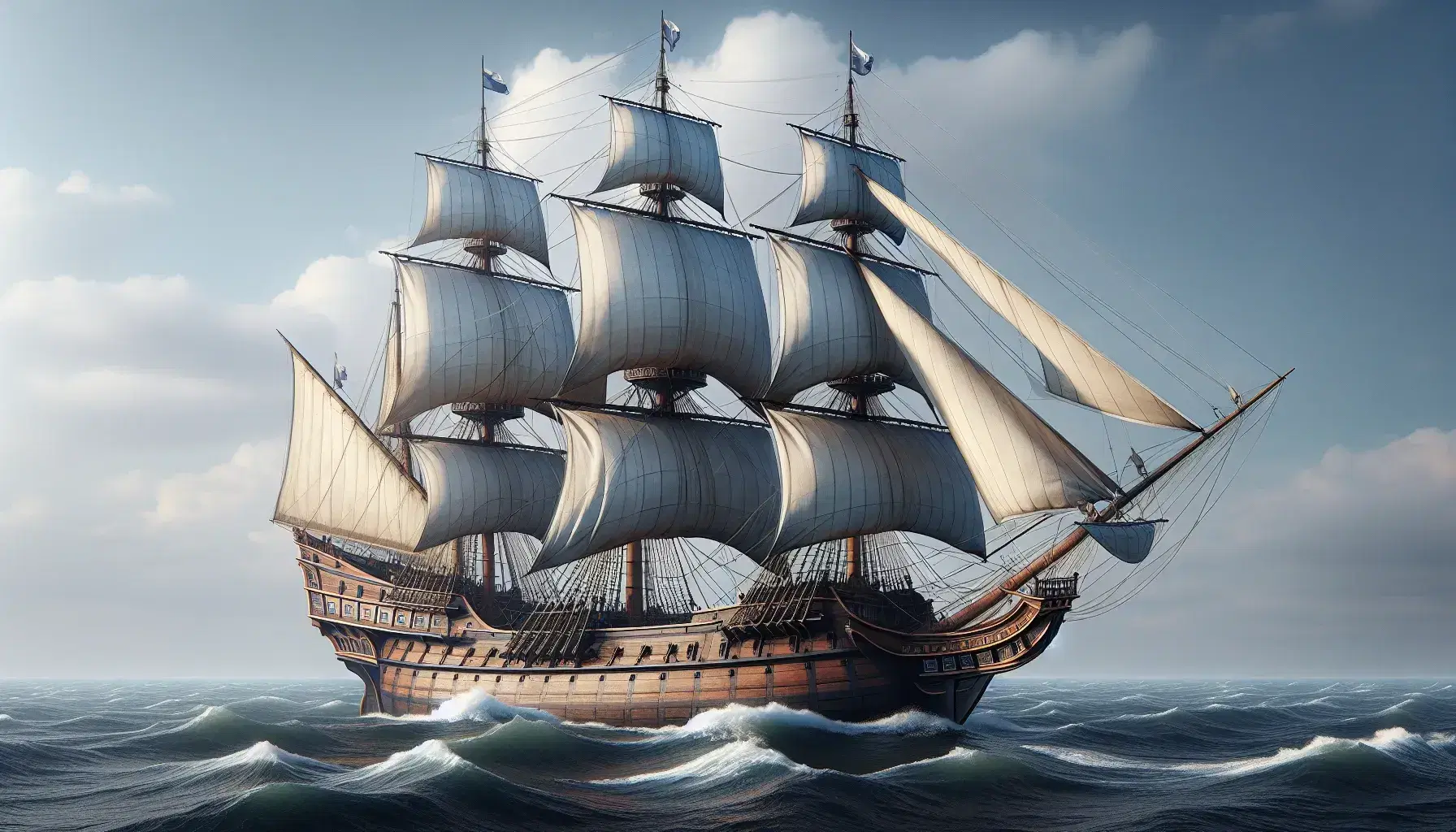 17th-century Dutch fluyt sailing ship with billowing white sails, ornate stern, and busy crew on deck, near a hazy coastline under a pale blue sky.