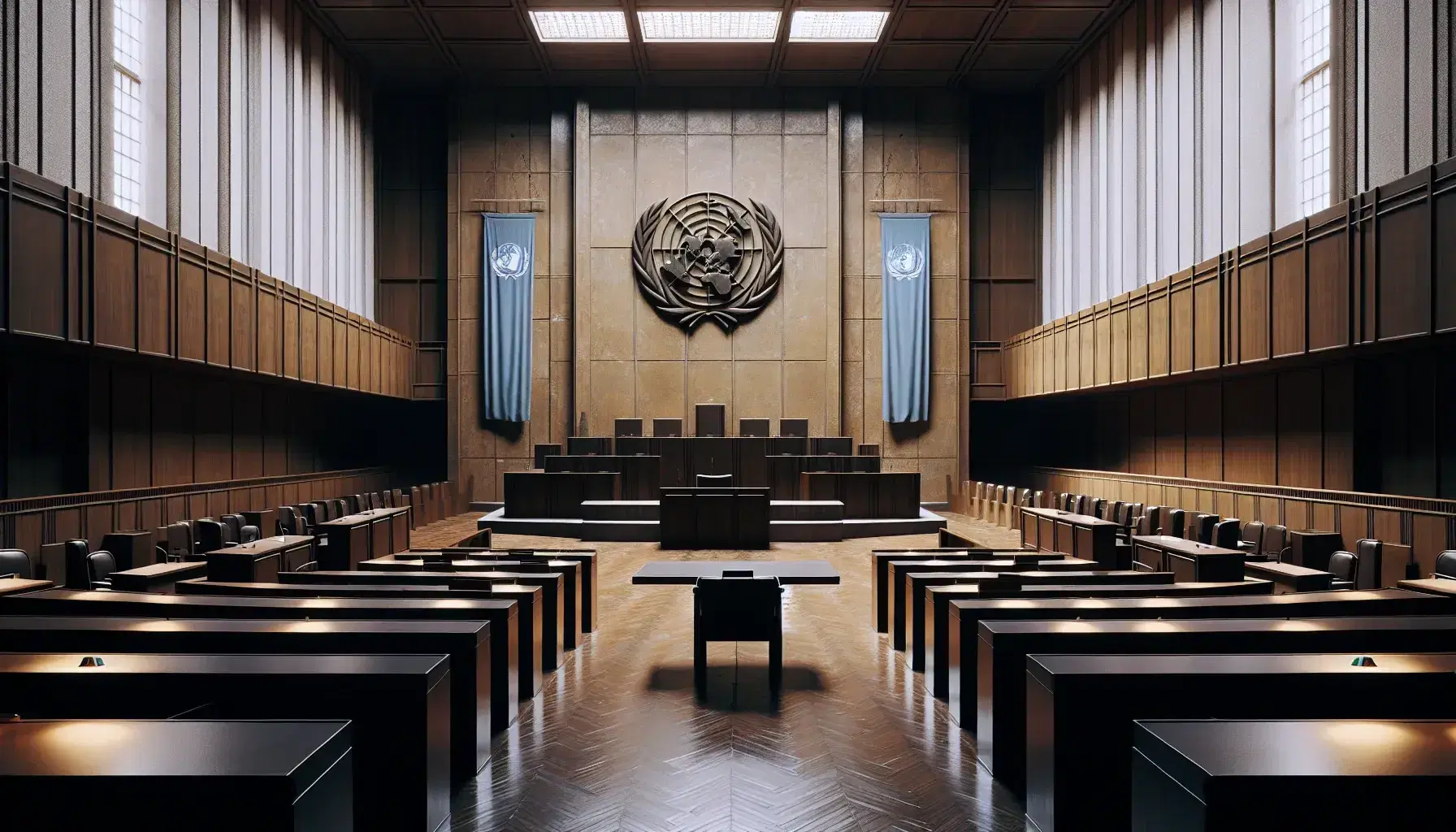 Aula vuota da tribunale con banchi in legno scuro, podio per giudici e bandiera delle Nazioni Unite, illuminata da finestre laterali.