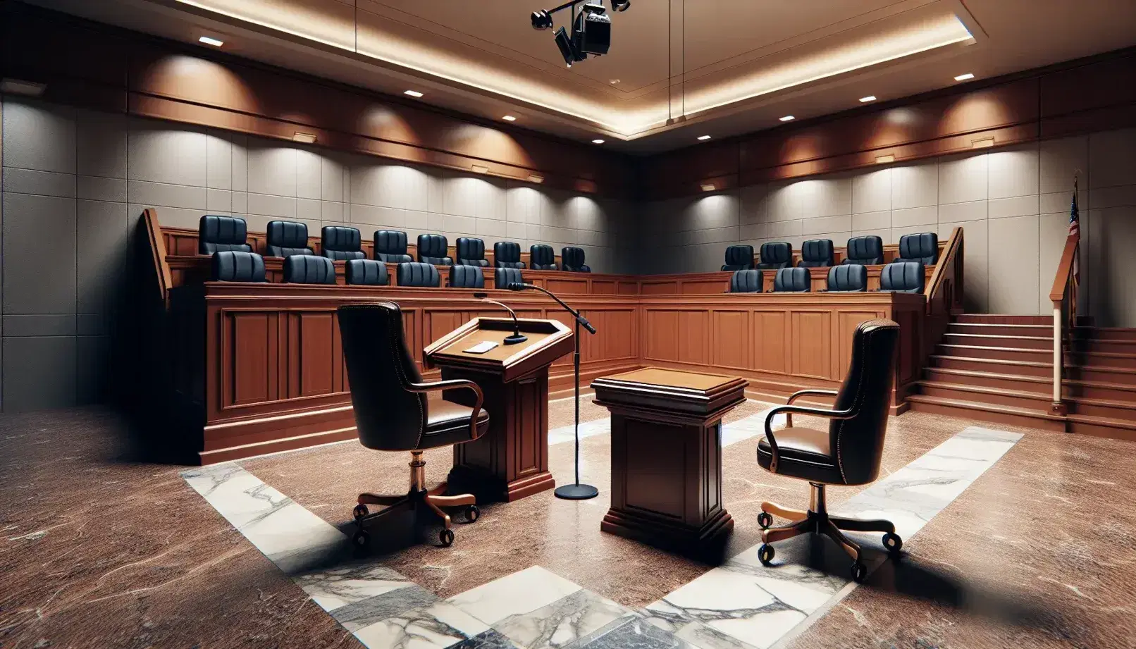 Empty courtroom with red wooden witness stand, jury box with blue chairs, elevated judge's bench and lawyers table.